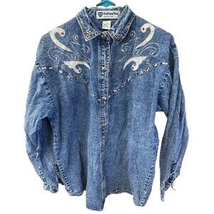 Traditional Value Vintage Denim Top Silver Sequin Rhinestone Women L Cotton Stud